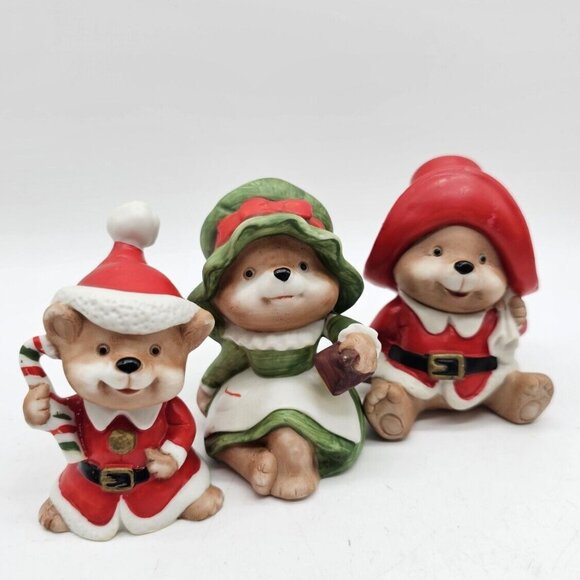 Vintage Homco Christmas Bear Family Kitschy Set Of 3 - Picture 1 of 12